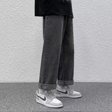 Men Retro Straight Leg Jeans Male Streetwear Baggy Wide Leg Denim Pants Fashion Classic Black Blue Loose Solid Color Trousers