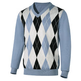 New Japanese Retro Men Sweater Luxury Trendy Plaid Patchwork V Neck Knit Solid Color Pullover Leisure Loose Long Sleeve Knitwear