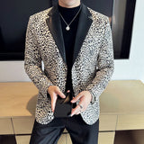 Fashion Leopard Print Blazer Jacket Men Spliced leather Collar Back Slit Party Dresses Clothing Slim Fit Suit Coat Male