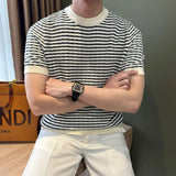 New Trend Men Striped T-shirt Light Luxury Popular Slim-fit O Neck Tees Leisure Premium Tops Korean Style Short Sleeve Knitwear