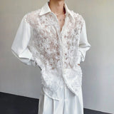 Niche Design Men Shirts Turn-down Collar Hollow Out Pearl Lace -up Patchwork Loose Solid Color Male Long Sleeved Top