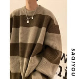 Korean style patchwork striped sweater for men in autumn and winter lazy loose knitted sweater round neck retro trendy sweater