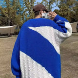 Korean style autumn and winter men and women trend splicing round neck sweater for couples loose retro Harajuku knitted top y2k