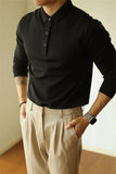 New American Retro Men Polo Shirt Light Luxury Solid Color Slim-fit Commuting Long Sleeve T-shirt Leisure Business Pullover Tops