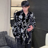 Personality Velvet Male Shirts Lace-up Sequin Embroidery Turn-down Collar Contrast Color Men's Long Sleeve Tops Tide