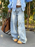 Trendy hip-hop American straight leg loose curved knife washed denim jeans for men and women personalized retro wide leg pants