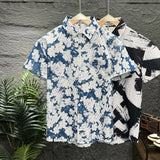 Stylish Men's and Women's Floral Short Sleeve Shirts, Japanese Style Casual Tops, Breathable Bubble Grid Shirt