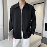 Fake Two Piece Solid Zipper Chic Shirt Turn-down Collar Handsome Long Sleeve Shirts Man Streetwear Casual Men's Clothing