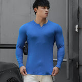 Tops Slim Fit T Shirts for Men Black Running Male Clothes Gym Tight V Neck Oversize Big Size Elasticity Korean Luxury Casual New