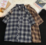 Plaid Shirts Men Preppy Summer Thin Harajuku Breath Baggy Korean Fashion Vintage Clothes Camisas De Hombre Handsome All-match