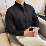 Men V-neck Shirt Spring New British Style Anti-wrinkle Soft Solid Casual Elastic Slim Fit Long Sleeved Shirt Men Clothing