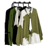 Retro Tassel Irregular Men's Sweater Loose American Lazy Style Knitted Shirt Color Block Design Casual Crew Neck Top