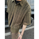 Fashion Army Green Knitted Hollow out Shirt Men Streetwear Transparent Lapel Short Sleeve Button Camisas Sexy Men Clothing 2XL-M
