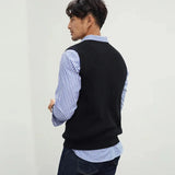 New Popular Preppy Style Men Sweater Vest Casual Knitted Streetwear Solid Color V Neck Waistcoat Leisure High Quality Knitwear