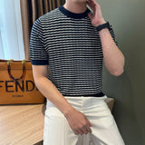 New Trend Men Striped T-shirt Light Luxury Popular Slim-fit O Neck Tees Leisure Premium Tops Korean Style Short Sleeve Knitwear