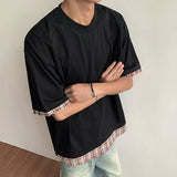 Men's Short Sleeve T-shirts New Summer Plaid Flanging Design Fake Two-piece Solid Color Trendy Male Pullover Tops