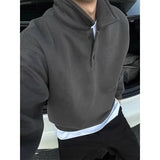 Deep Grey Polo Collar Sweatshirt Men's Spring Autumn Long Sleeve Turn Collar American Retro Jacket Loose Fit Casual Wear