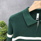 Autumn Winter New Fashion Turn-down Collar Half Zipper Long Sleeve Pullovers Men's Clothing Striped Knitting All-match Chic Tops