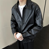 New Autumn Men's Casual Textured PU Leather Jacket High Street Zip-up Turn-down Collar Solid Color Long Sleeve Retro Coats M-3XL