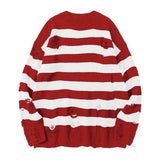 Striped Sweaters Punk Unisex Sweater Autumn Hollow Out Hole Broken Jumper Loose Oversized Pullouvers Harajuku Streetwear
