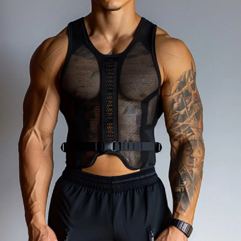 Sexy See Through Mesh T Shirt Vest Mens Muscle Fitness Breathable Lace-up Tank Tops Men Spring Summer Sleeveless Slim Camisoles