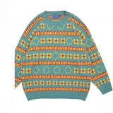 Autumn Winter Japanese Pullover Striped Floral Pattern Long Sleeved Knitted Sweater BF Loose Lazy Style Couple Sweater Jacket