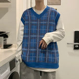 Sweater Vest Men Japanese Plaid V-neck Knitwear Fashion All-match Sleeveless Spring Soft Ins Clothing Classic Minimalist Stylish