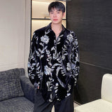 Personality Velvet Male Shirts Lace-up Sequin Embroidery Turn-down Collar Contrast Color Men's Long Sleeve Tops Tide