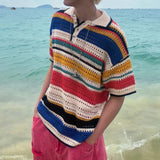 Streetwear Mens Knitting Tops Summer Vintage Striped Contrast Color Knitted Polo Shirt Men New Casual Short Sleeve Knit T Shirts