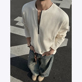 Spring Long Sleeved T-shirt Men Oversized Zipper Round Neck T Shirt Men Streetwear Korean Loose Pleated T Shirt Mens Top M-3XL