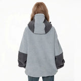 Hip Hop Fleece Fluffy Hooded Jacket Streetwear Harajuku Fuzzy Plush Patchwork Zipper Thick Warm Coats Fashion Loose Jacket