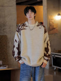 Korean street style men and women trendy personality contrasting color round neck sweater couple winter loose casual knitted top