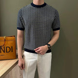 New Trend Men Striped T-shirt Light Luxury Popular Slim-fit O Neck Tees Leisure Premium Tops Korean Style Short Sleeve Knitwear