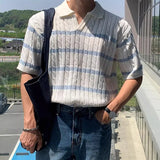 Summer Stylish Short Sleeve Mens Polo Shirt Casual Turn-down Collar Knitting Tops For Men Vintage Slim Fit Striped T Shirts