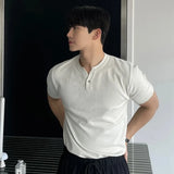 New Men Luxury Henry Collar T-Shirt Leisure Slim Button-down Solid Color Short Sleeve Tops Korean Style Summer Breathable Tees
