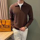 Autumn Casual Men Polo Sweater Light Luxury Zip-up Solid Color Long Sleeve Knitted Pullover Daily Commuting Basic Knitwear M-3XL