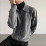 New Korean Fashion Men Cardigan Jacket Light Luxury Knitted Polo Neck Long Sleeve Sweater Coat Casual Retro Solid Color Knitwear