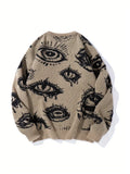 New American Trendy Men Sweater High Street Dark Eyes Printed Knit O Neck Long Sleeve Pullover Casual Loose High Street Knitwear