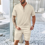 Casual Waffle Texture Two Piece Suits Mens Summer Leisure Short Sleeve Zipper Stand Collar Polo Shirt And Shorts Set Men Outfits