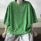 Pleated T-shirts Men Baggy Solid O-neck Half Sleeve Leisure Korean Style High Street Vintage Daily Normcore Youthful Vitality