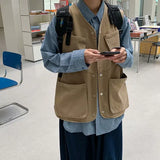 Men Vests Japanese Safari Style Stylish Chic Baggy Outer Techwear Retro Multi Pockets Daily Simple All-match Cozy Sleeveless