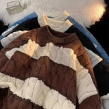 American high street autumn winter men and women trendy personality round neck sweater couple loose striped Harajuku knitted top