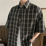 New Summer Men's Shirts Plaid Design Short Sleeved Turn-down Collar Casual Menswear Single Breasted Loose Male Tops