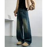 Winter Nostalgic Blue Jeans Men Chic Patchwork Loose Casual Denim Pants Wide Leg Male Straight Mopping Trouser Streetwear