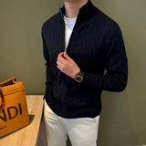 Autumn Retro Men's Zipper Cardigan Jacket Trending Jacquard Solid Color Long Sleeve Sweater Coats Premium Quality Knit Outerwear
