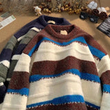 Vintage Striped Sweater Men's Book Winter Contrasting Lazy O-neck Knitted Sweater Youth American Base Pullover Men Clothing