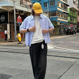 Brushed American Blue Striped Short Sleeved Shirt with Raw Edges for Men and Women's Casual Shirts Casual Streetwear