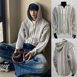 Men's Knitted Hooded Cardigan Casual Retro Graphics Print Long Sleeve Sweater Coats Light Luxury Chic Hollow Out Hoodies M-3XL