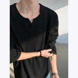 Autumn Long Sleeved T-shirt Men Fashion V-neck Pullover T Shirt Men Streetwear Korean Loose Pullover T Shirt Mens Top M-3XL