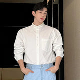 Male Shirts Pearls Design Stand Collar Loose Long Sleeve Single Breasted Men's Tops Korean Style Menswear